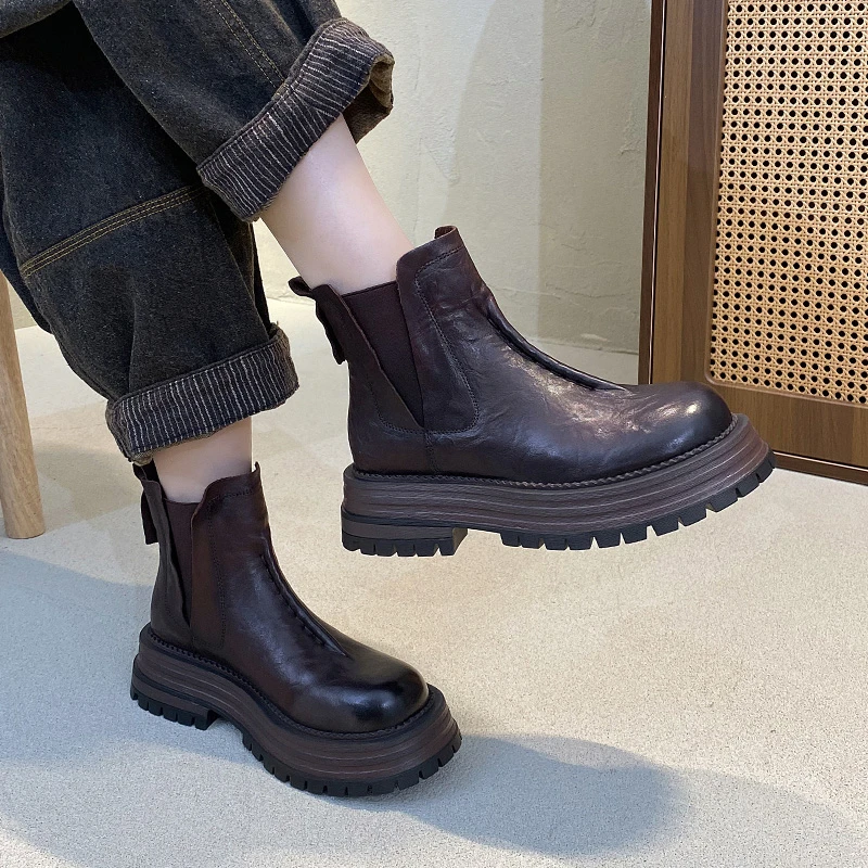 切尔西靴女秋冬真皮复古短靴时尚厚底马丁靴加绒保暖棉靴T875-89