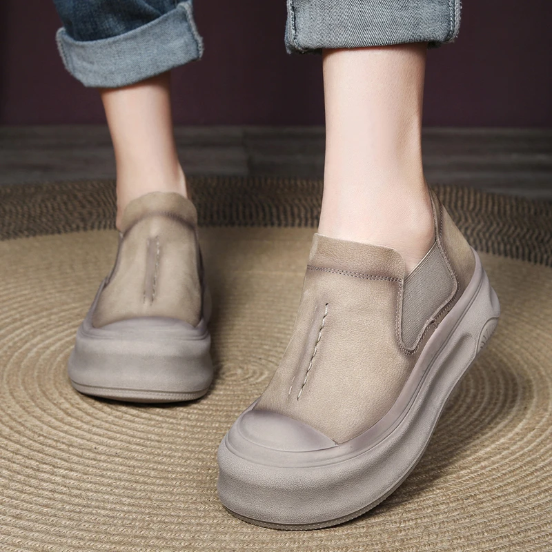 WG2691厚底松糕鞋女秋季真皮复古百搭单鞋一脚蹬低帮休闲乐福鞋