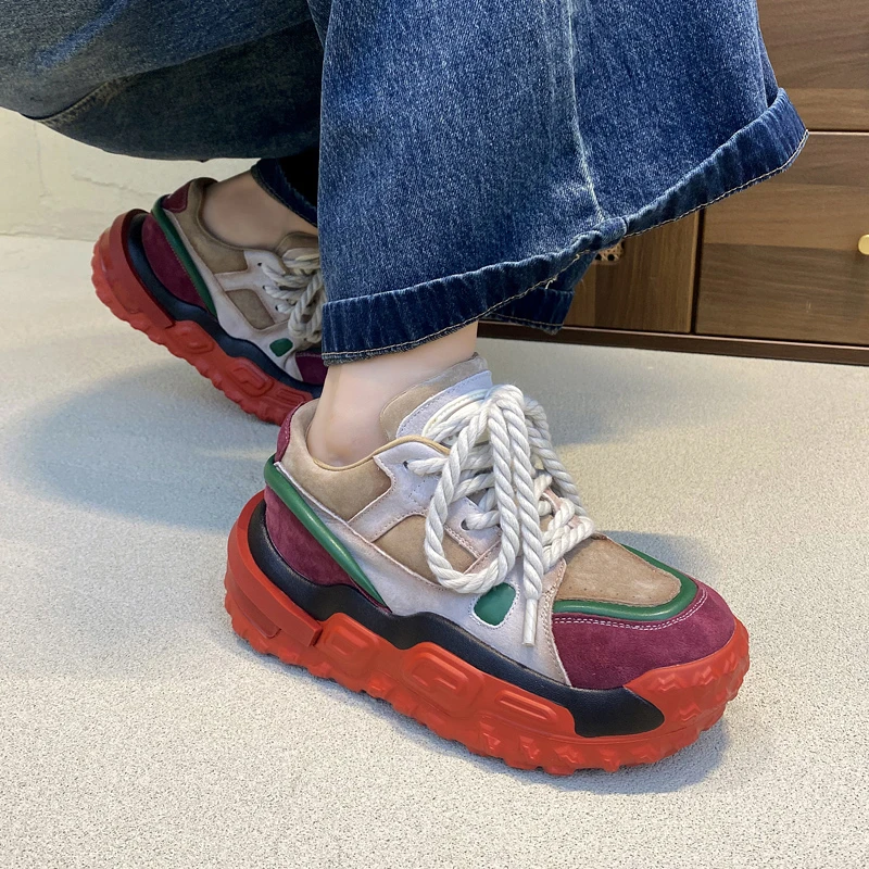 老爹鞋女真皮拼色时尚百搭运动休闲鞋小个子增高厚底加绒保暖棉鞋