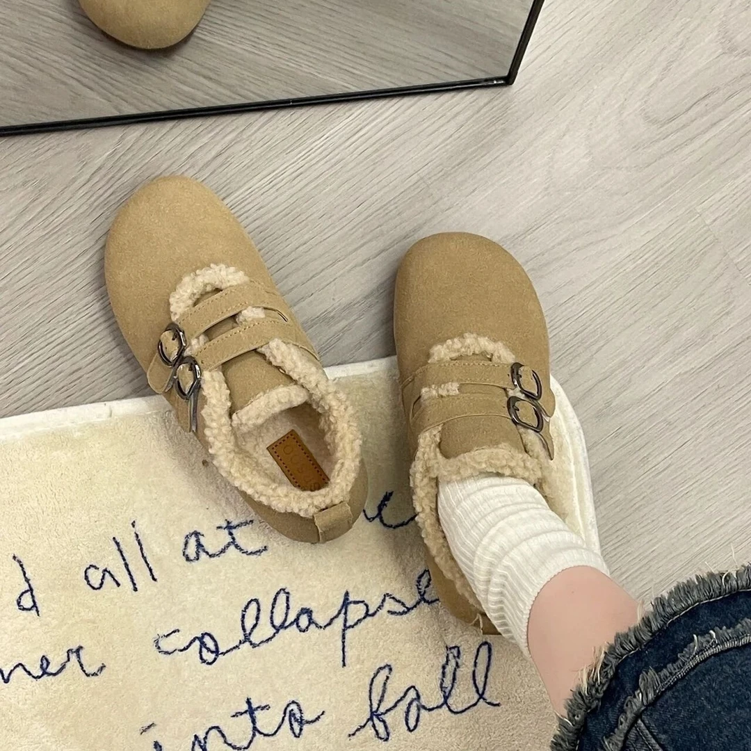 学院风时尚勃肯鞋女2023年冬季加绒外穿棉鞋舒适软底美拉德豆豆鞋