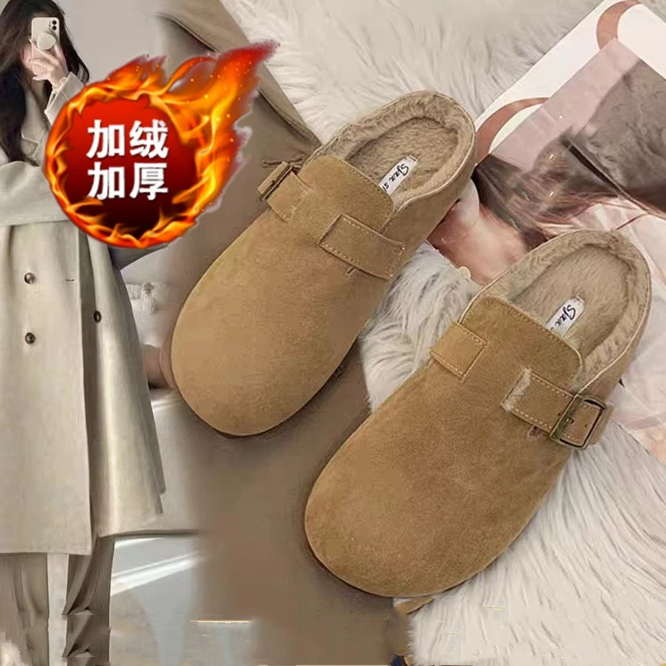 勃肯鞋女加绒保暖豆豆鞋2025新款秋冬毛毛鞋复古一脚蹬博肯棉拖鞋
