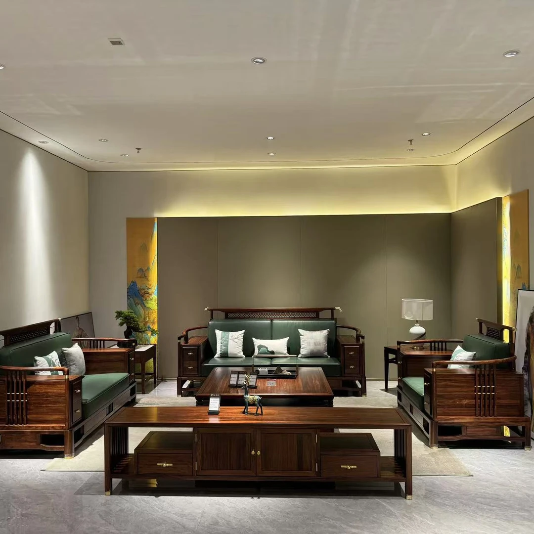 【CMX】新中式6801多人位组合实木真皮沙发2390/1870/1380*850*1060