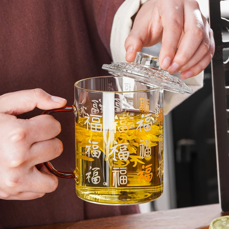 玻璃水杯耐热加厚办公室茶杯透明印花大容量把杯