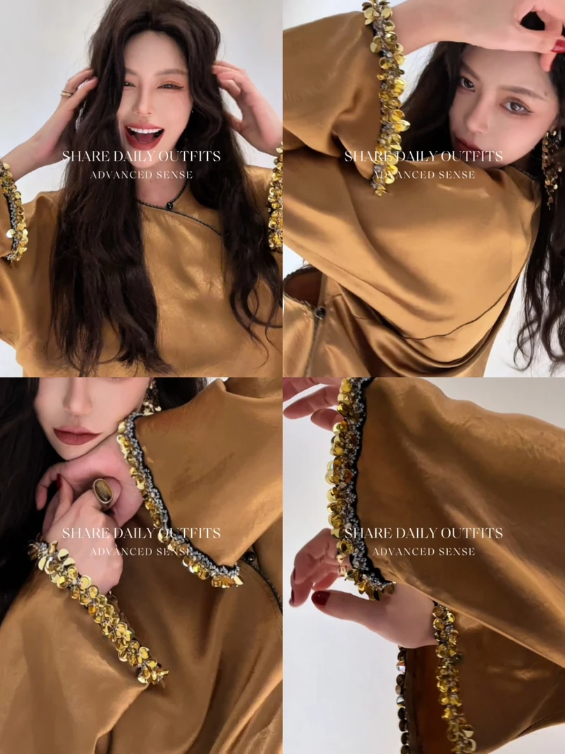 高温妮【纸醉金迷】四季款重工袖口拼接亮片百搭新中式上衣 5e32173