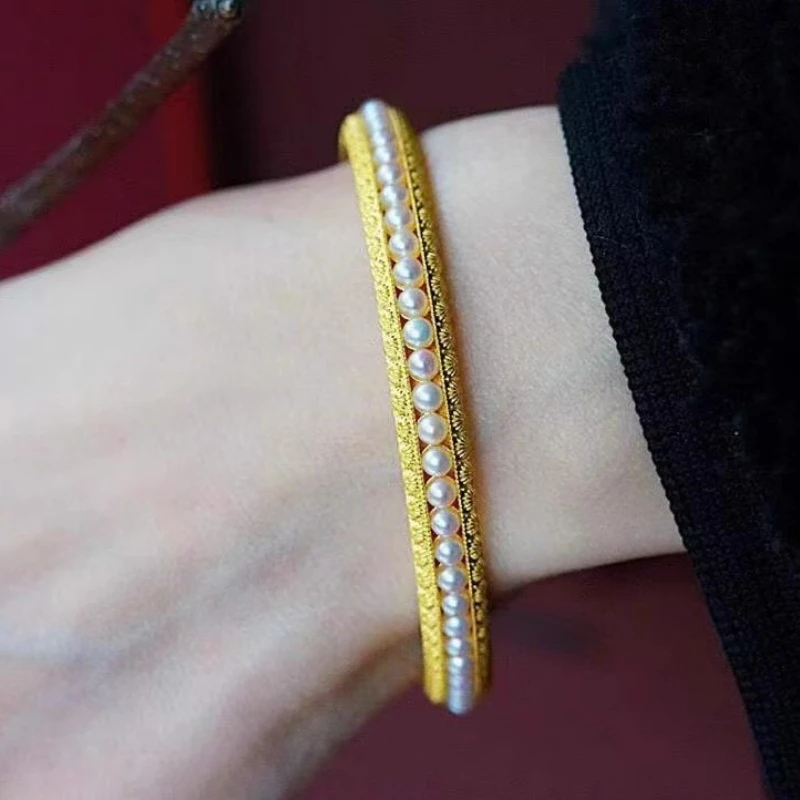 铜合金仿珍珠手镯 珍珠手镯女婉容贵妃镯古风传承高级感花丝送礼