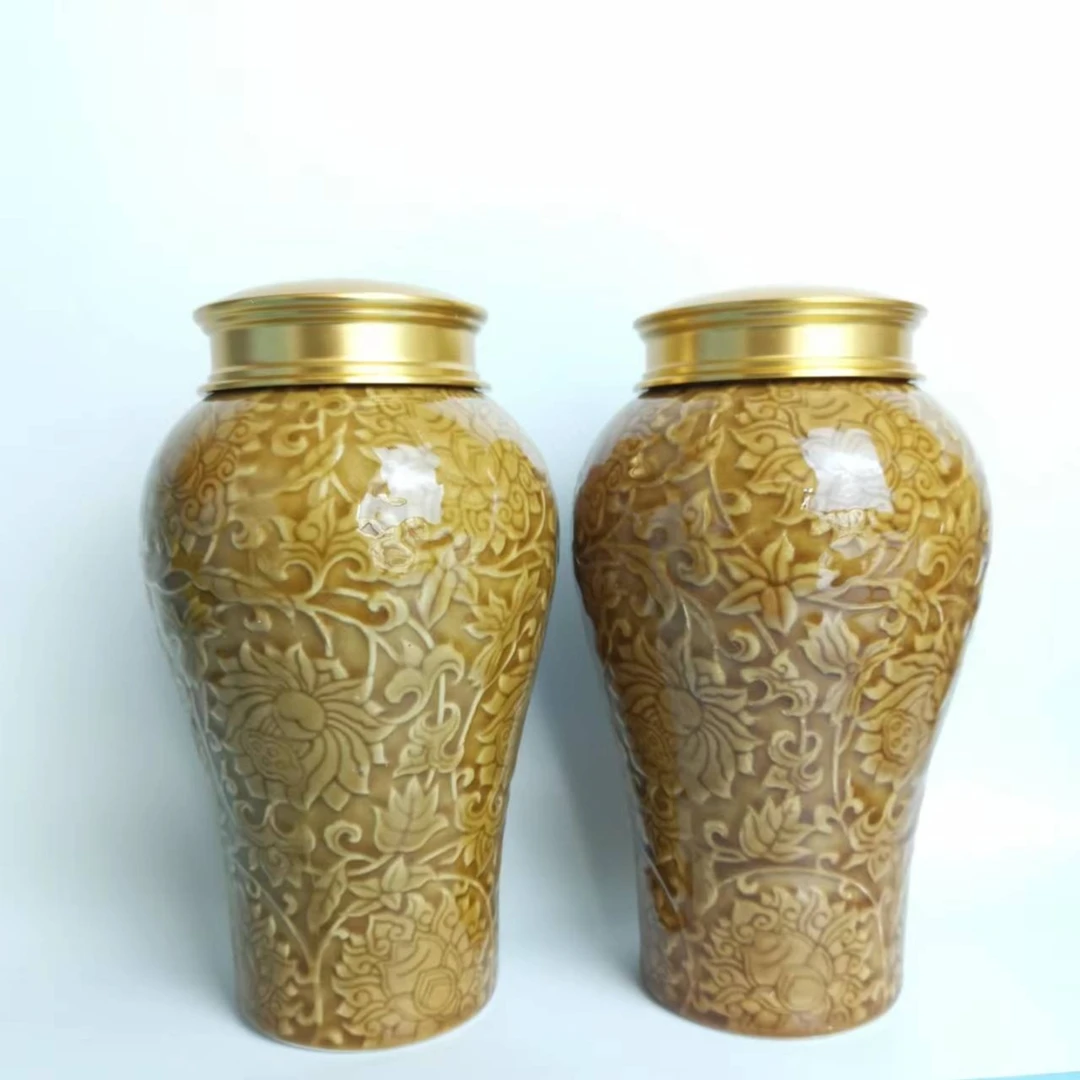 精品茶叶罐一对（陶瓷材质）手工茶罐密封储物观音龙纹雕刻复古青瓷