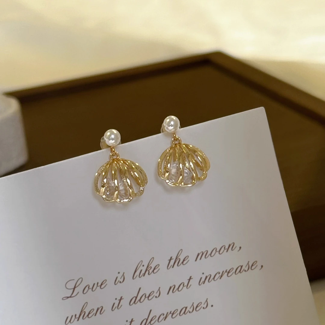 铜合金锆石耳饰 鲛人语/落日海岸 贝壳珍珠高亮日常通勤百搭耳钉