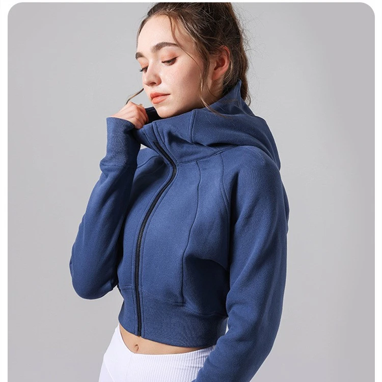 新款休闲加绒保暖网球服短款塑腰卫衣外套女连帽运动上衣长袖高腰