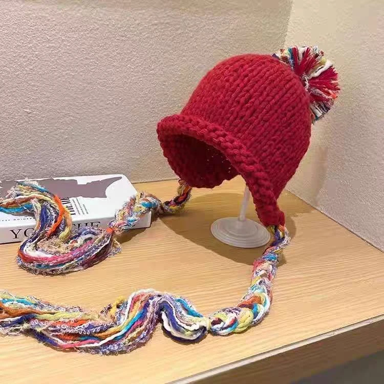彩色流苏麻花辫针织帽女保暖百搭包头帽时尚甜美小众手工毛线帽子