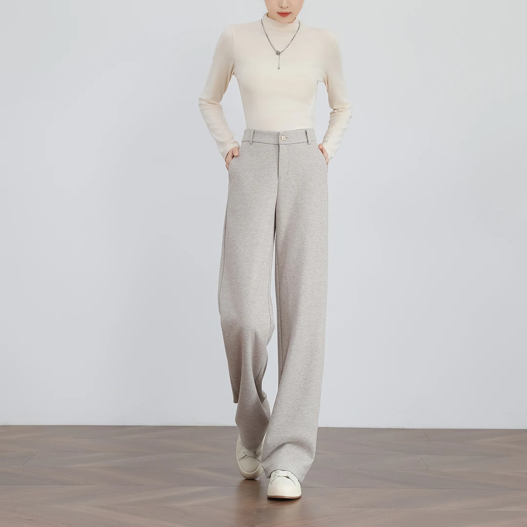【澳洲生态羊毛】秋冬新款窄版直筒裤人字纹阔腿裤高腰弹力免烫显瘦