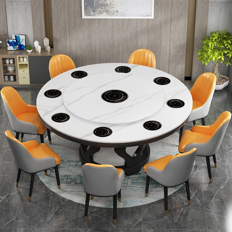 岩板餐桌椅组合现代简约大理石电磁炉圆桌多功能会所酒店火锅桌子
