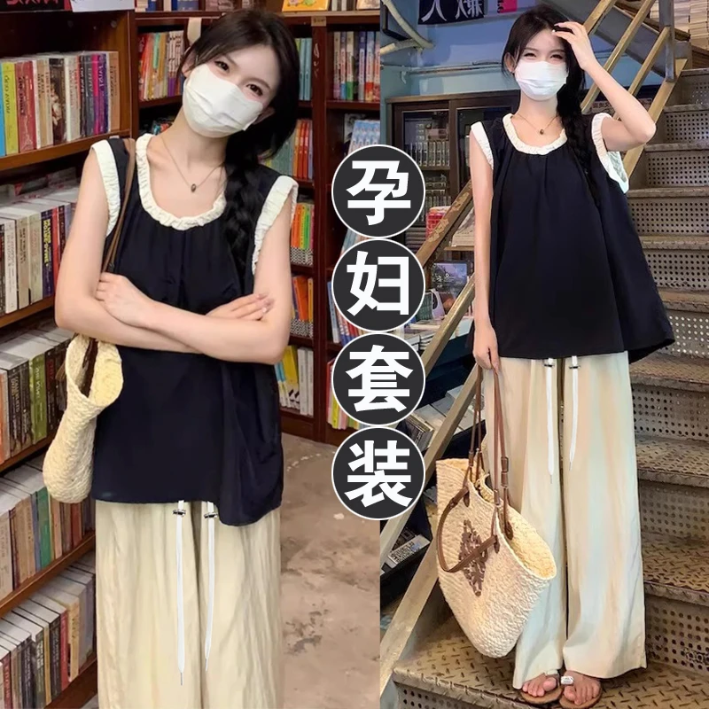 孕妇装夏季2024新款时尚法式无袖娃娃衫休闲宽松阔腿裤两件套夏装