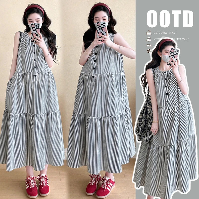孕妇装夏季2024新款连衣裙韩版慵懒休闲条纹背心孕妇裙中长款夏装