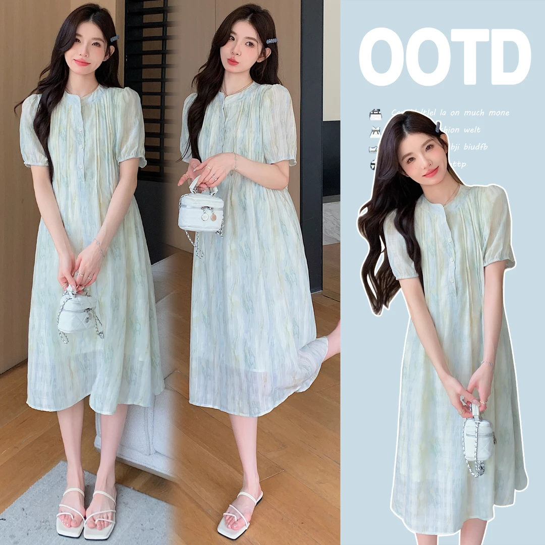 孕妇装女夏季2024新款韩系温柔风扎染设计感孕妇连衣裙中长款夏装