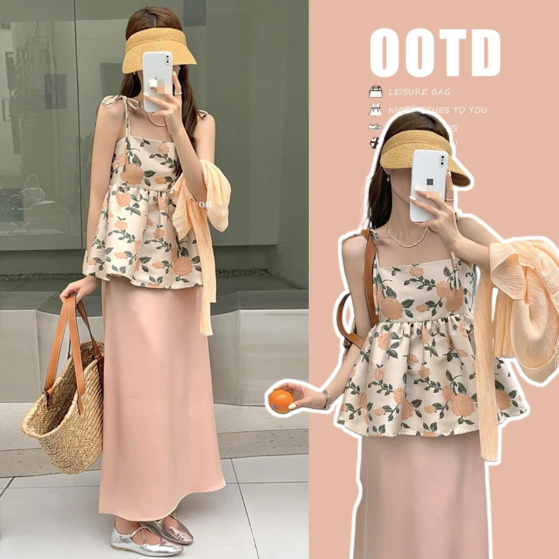 孕妇装2024新款洋气法式茶歇设计感孕妇吊带上衣半身裙两件套夏装