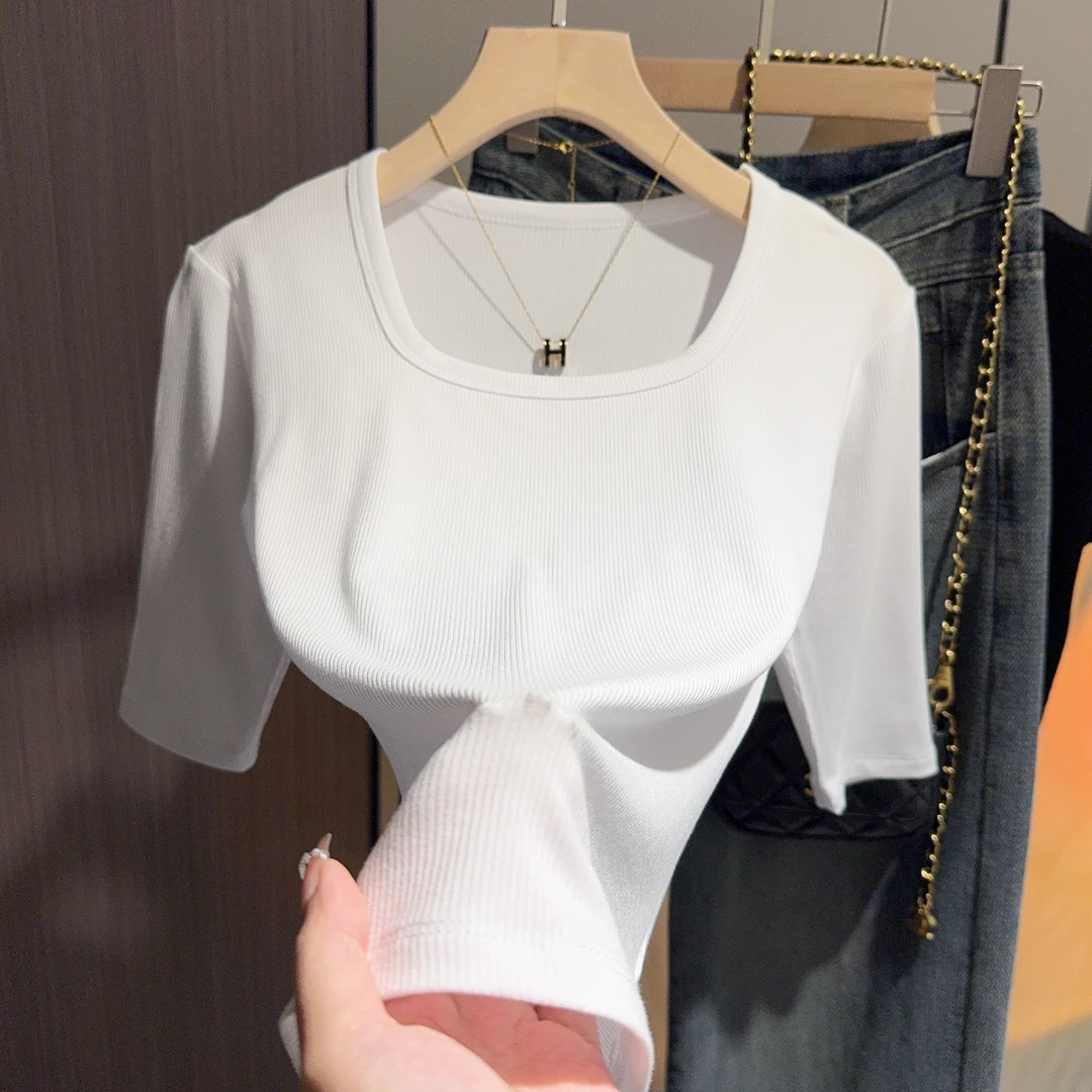 潮牌春秋款法式方领上衣中袖七分袖时尚百搭白色T恤女螺纹打底衫