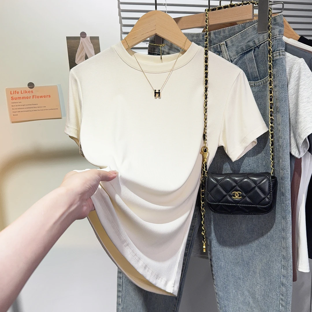 螺纹杏色短袖t恤女2024新款爆款百搭高品质设计感修身内搭打底衫