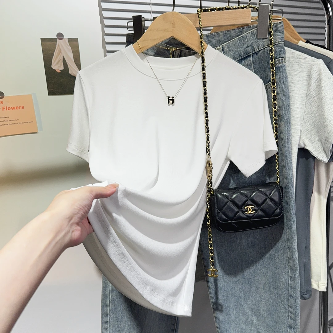 白色T恤短袖女2024夏季新款气质正肩百搭小圆领设计感小众上衣ins