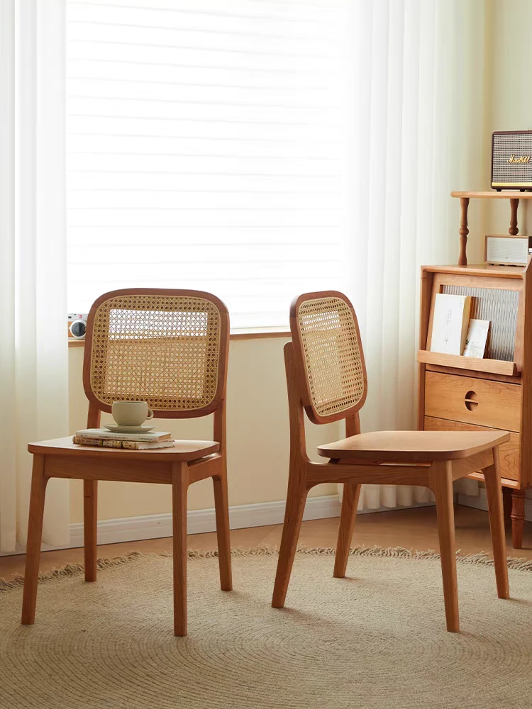 樱桃木华夫餐椅家用实木北欧靠背椅休闲日式简约学习餐厅藤编椅子