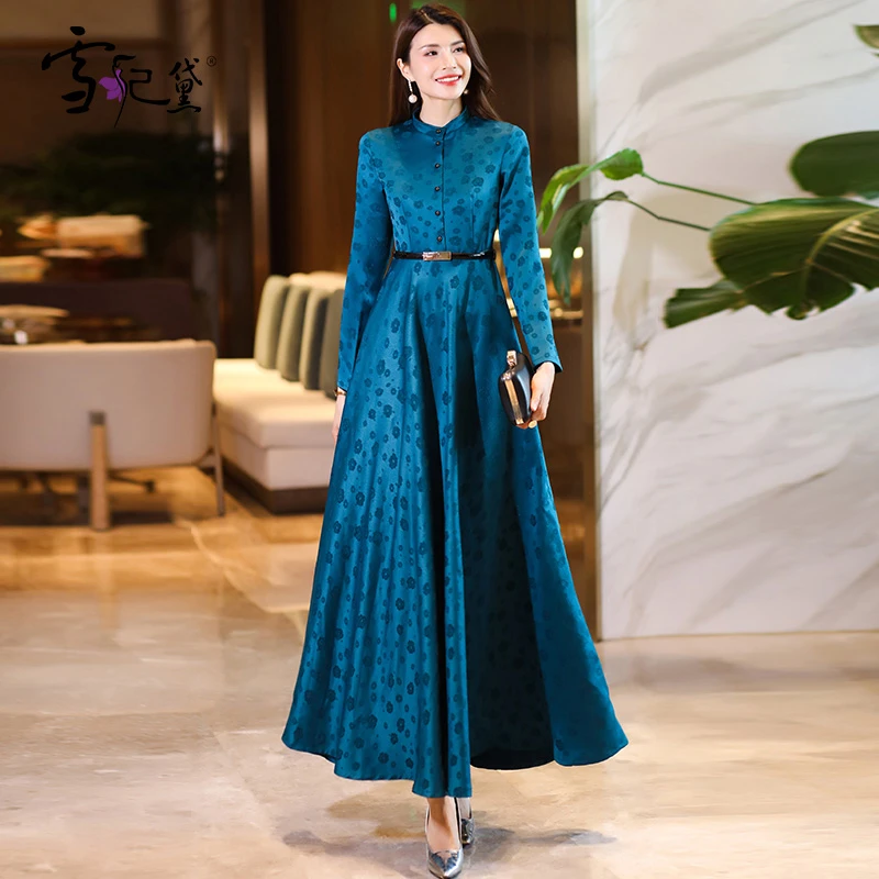 春秋长袖立领连衣裙女长款到脚踝2023新款正式场合超长印花大摆裙