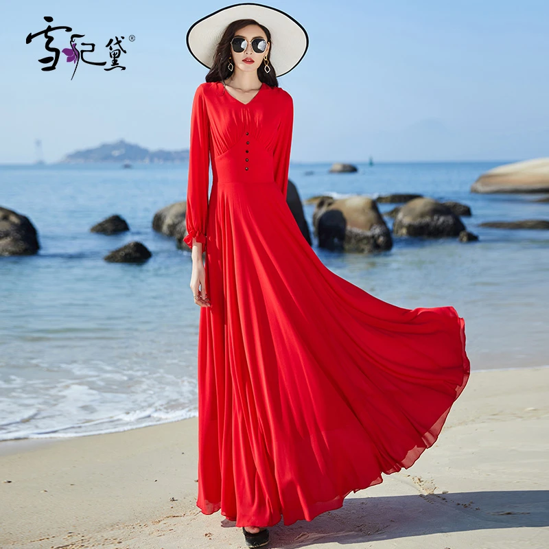 LYQ-20289春夏红色时尚长袖连衣裙女长款到脚踝新款显瘦大摆裙子