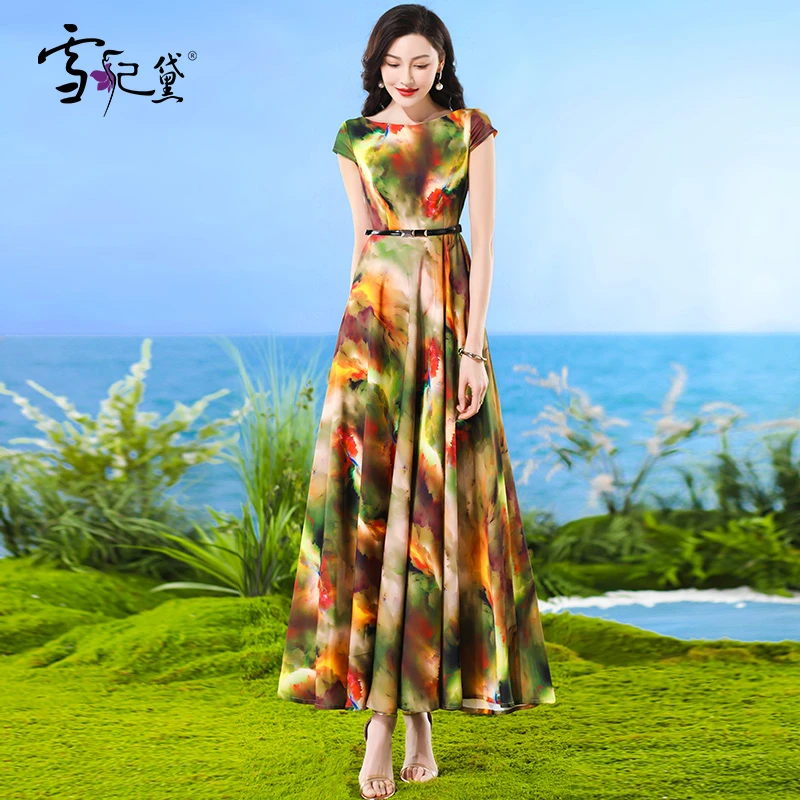 夏季花色时尚连衣裙女长款到脚踝2025新款减龄显瘦超长短袖大摆裙