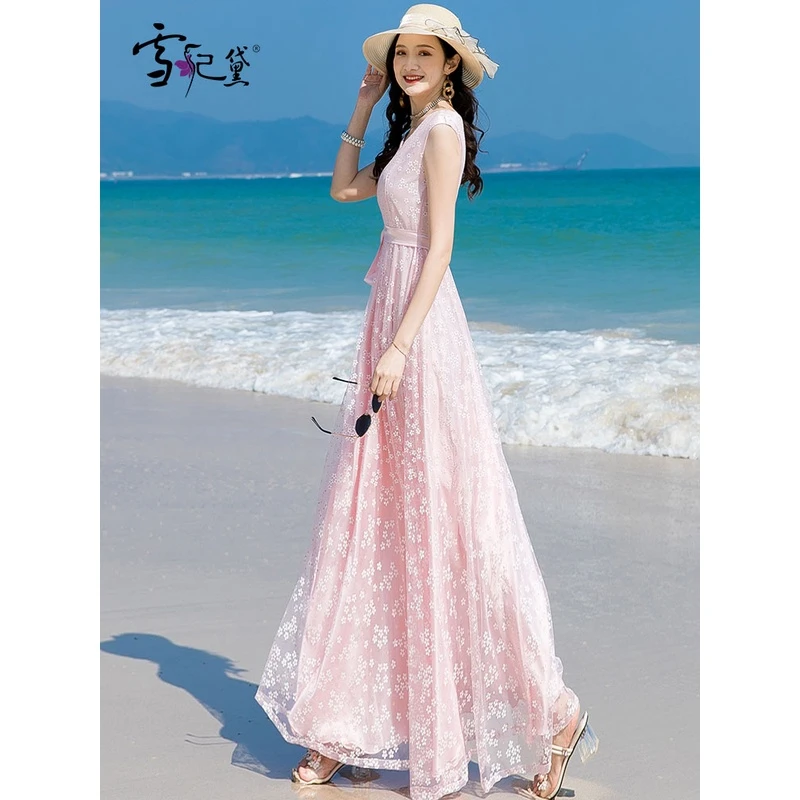 粉色碎花连衣裙新款裙子仙女裙高腰出游长裙上档次吊带裙夏季显瘦