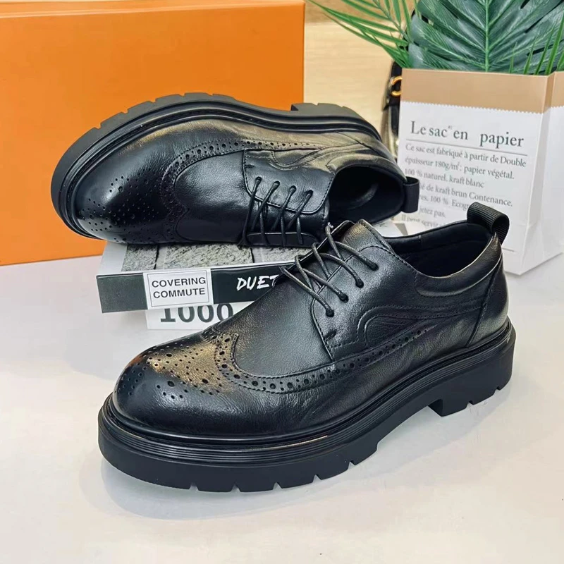 男士头层牛皮休闲皮鞋厚底增高冬季加绒系带布洛克雕花英伦风男鞋