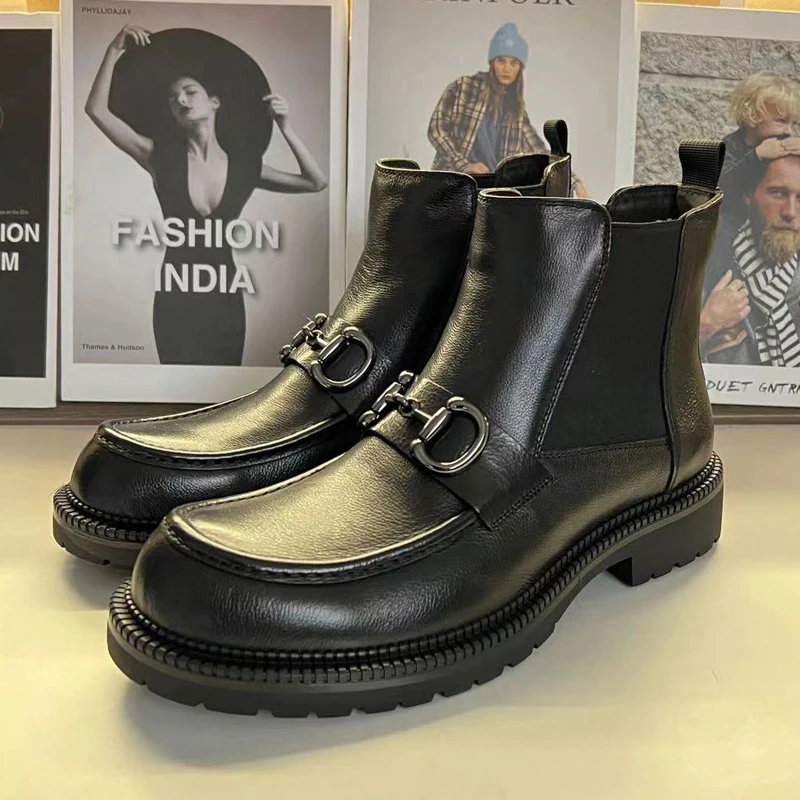 断码 清秋冬头层牛皮休闲男皮靴时尚百搭潮流真皮加绒切尔西靴