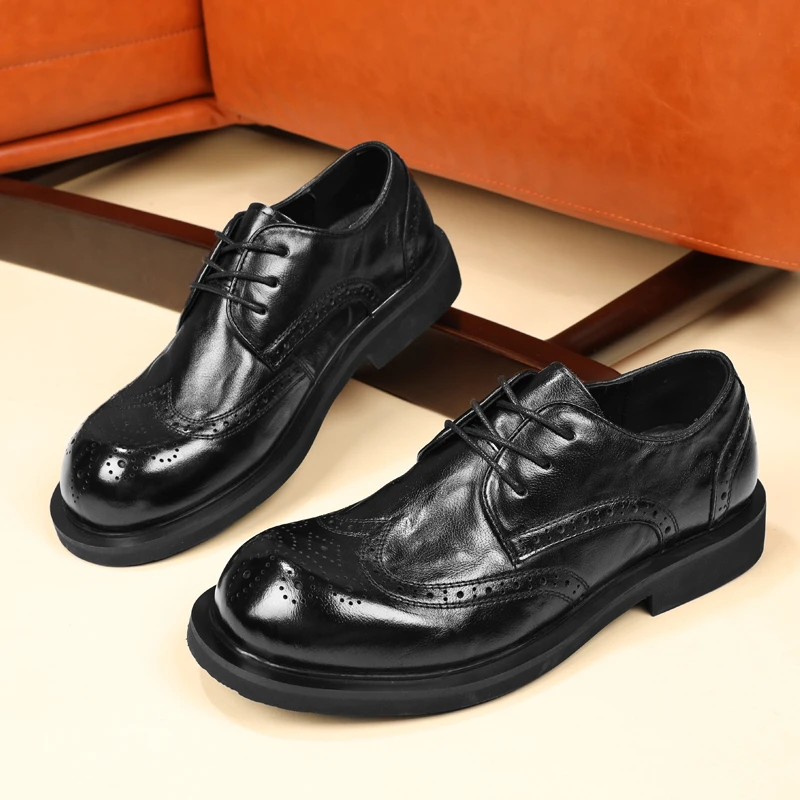 头层牛皮休闲男皮鞋时尚百搭系带雕花布洛克男鞋软底舒适商务男鞋
