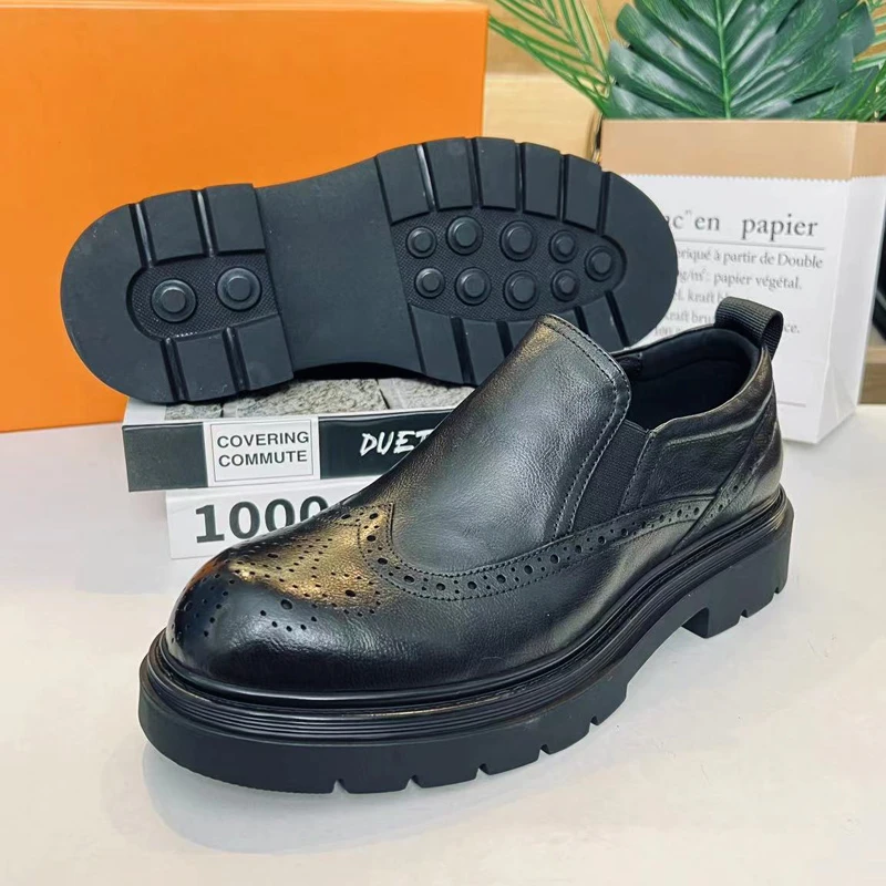 男士头层牛皮休闲乐福鞋百搭低帮厚底增高冬季加绒布洛克雕花皮鞋