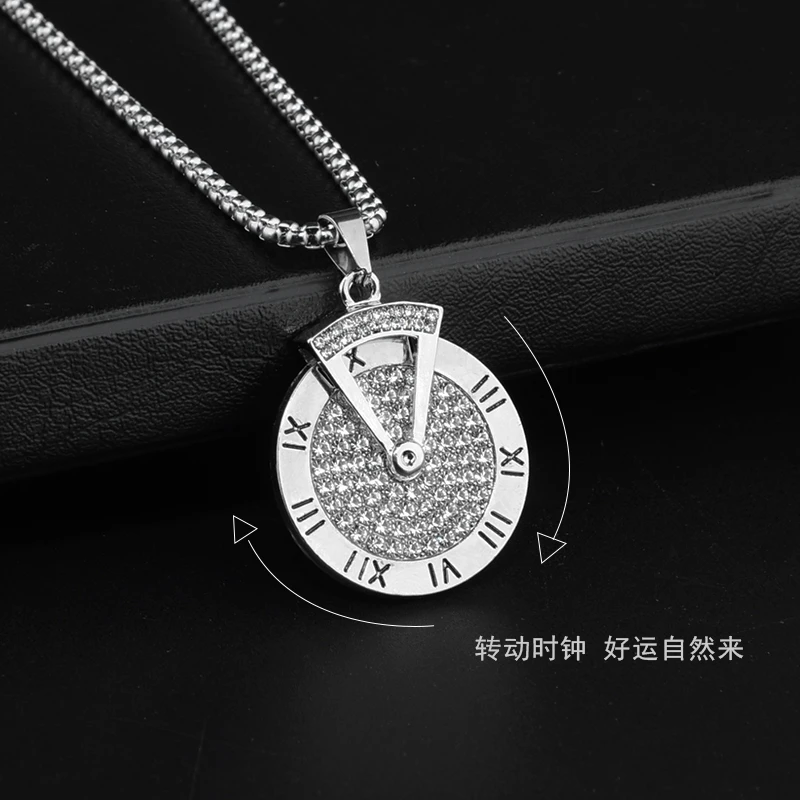 钛钢项链 转动时来运转罗马数字情侣百搭嘻哈休闲长款T桖项链吊坠
