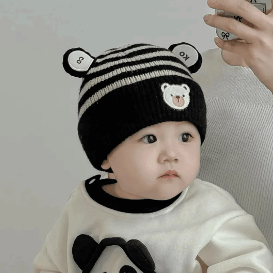婴儿帽子秋冬季超萌小熊幼儿男童毛线帽冬天小月龄宝宝加厚针织帽