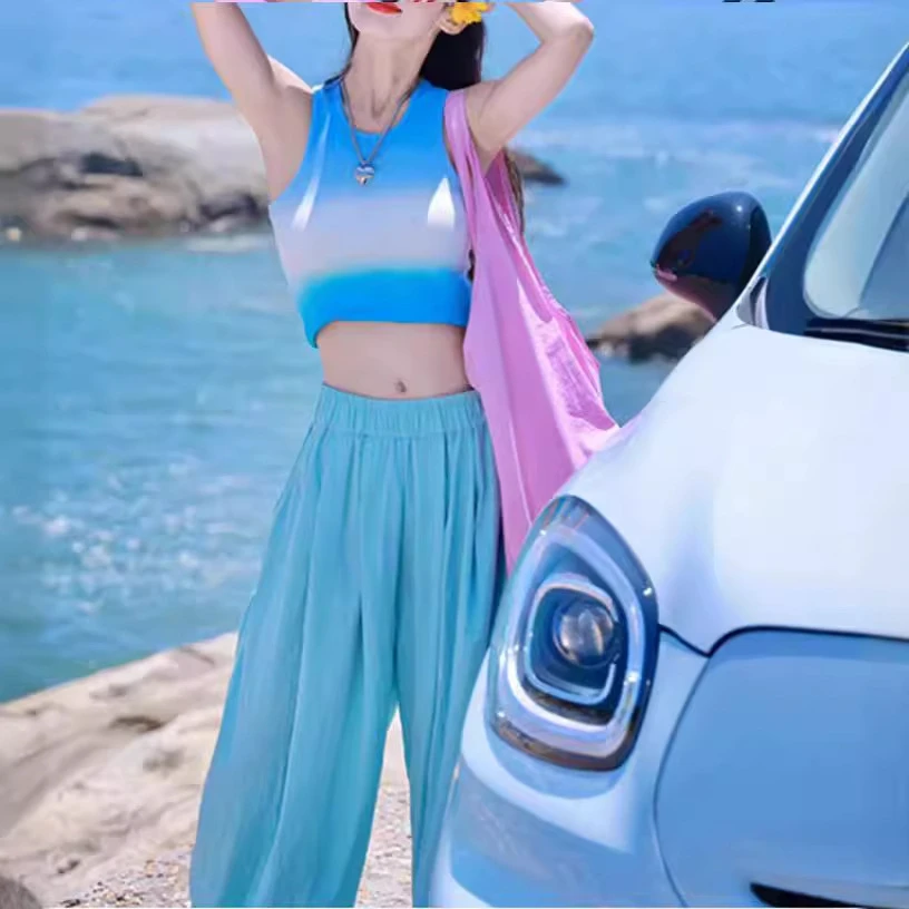 多巴胺少女穿搭套装女渐变色蓝色别致小背心高腰阔腿裤两件套