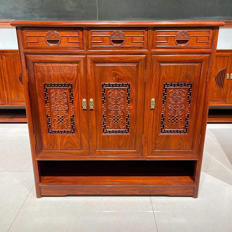 【纯刺猬紫檀豪华雕花三门鞋柜】国标红木入户门口玄关收纳柜换鞋柜