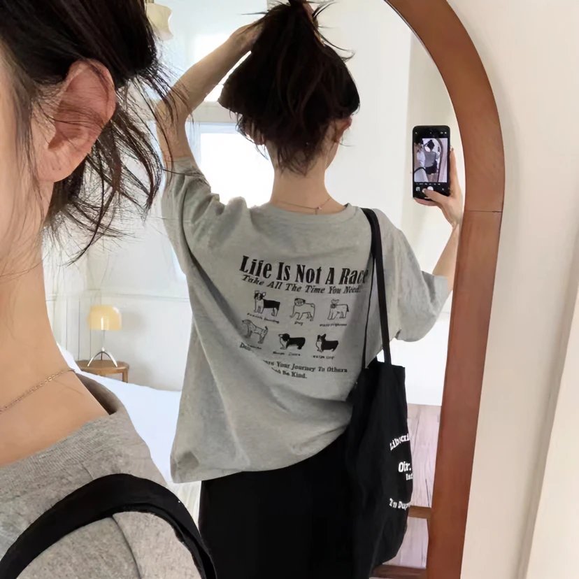 纯棉短袖女上衣灰色t恤美式复古夏季新款小狗女生宽松夏装女装