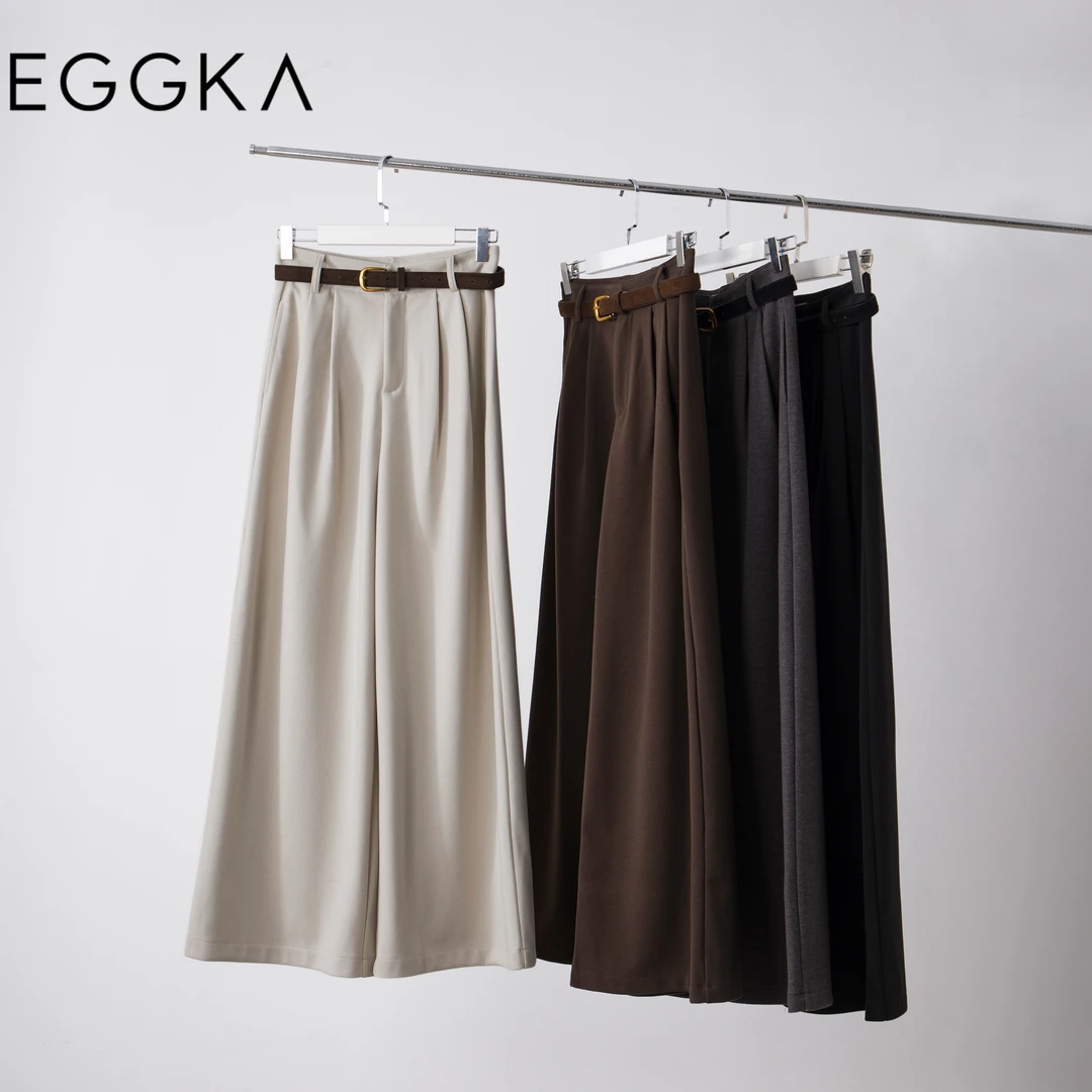 EGGKA 休闲压褶呢料休闲西裤配腰带宽松通勤气质长裤E24D5240AF