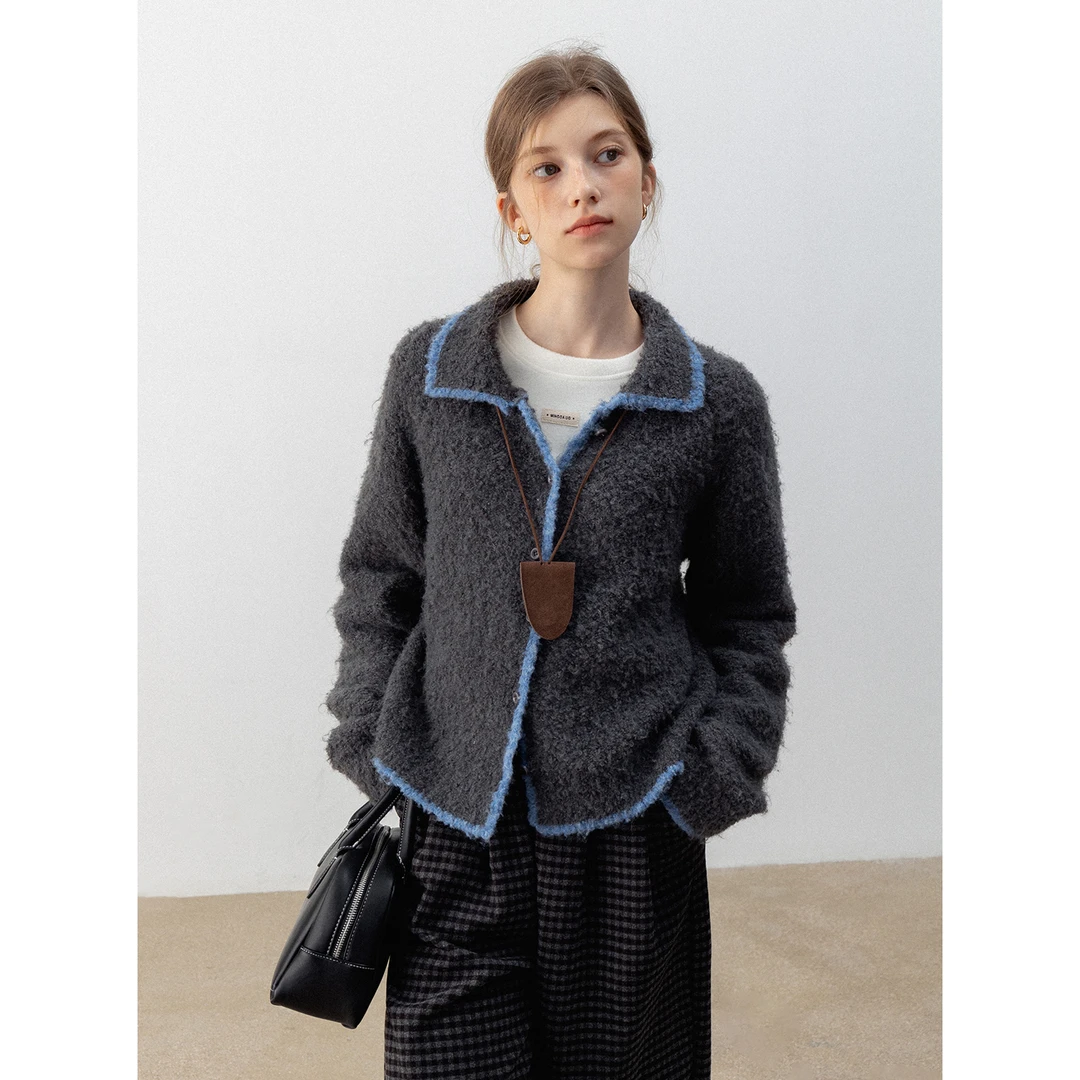 EGGKA 撞色翻领圈圈毛衣秋冬精致宽松上衣E24A4177AF