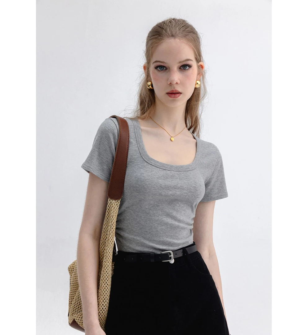 EGGKA【清清】丁达尔穿搭~春夏新款U领褶皱T恤显瘦上衣E24A3124AF