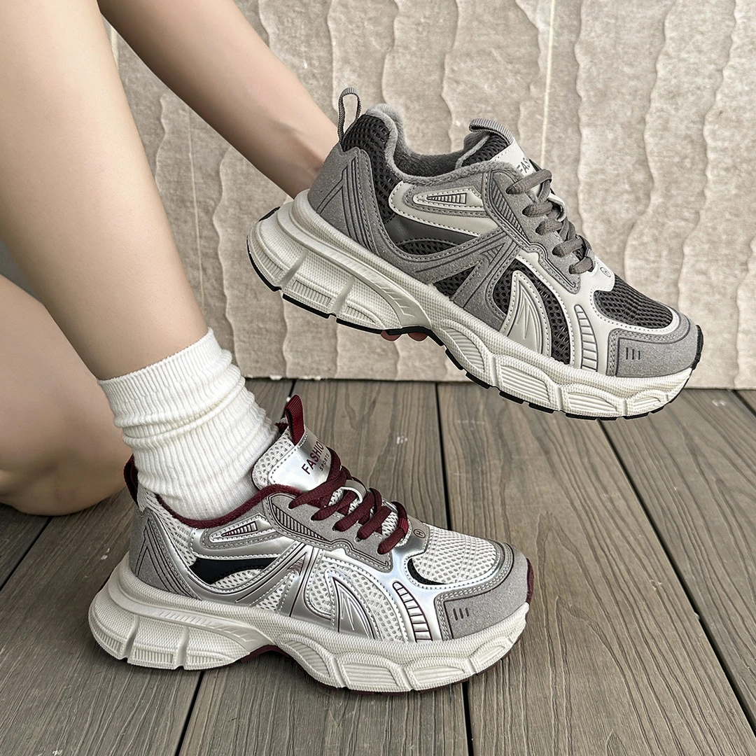2025新款真皮厚底时尚水泥灰老爹鞋女增高系带休闲跑步运动鞋