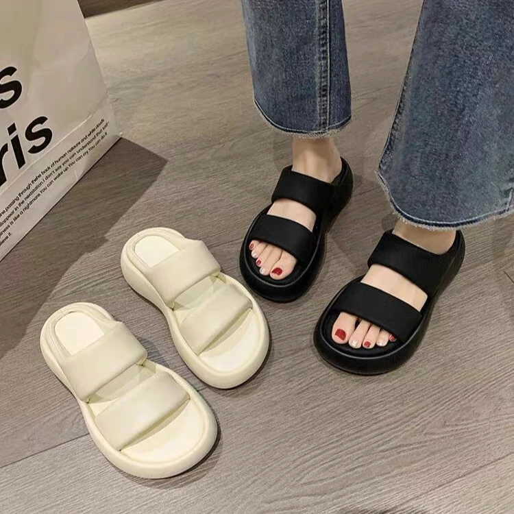 小羊皮休闲厚底拖鞋女外穿2024夏季新款增高双一字带软弹面包凉拖