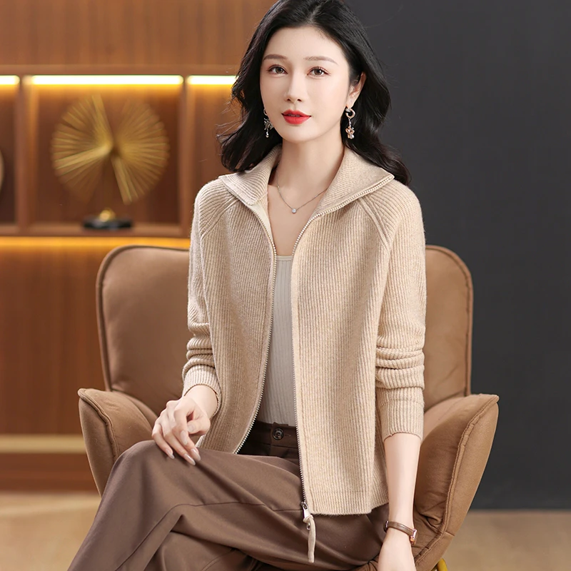 【绵羊毛】秋季短开衫拉链长袖针织开衫外套上衣开衫女士休闲外套