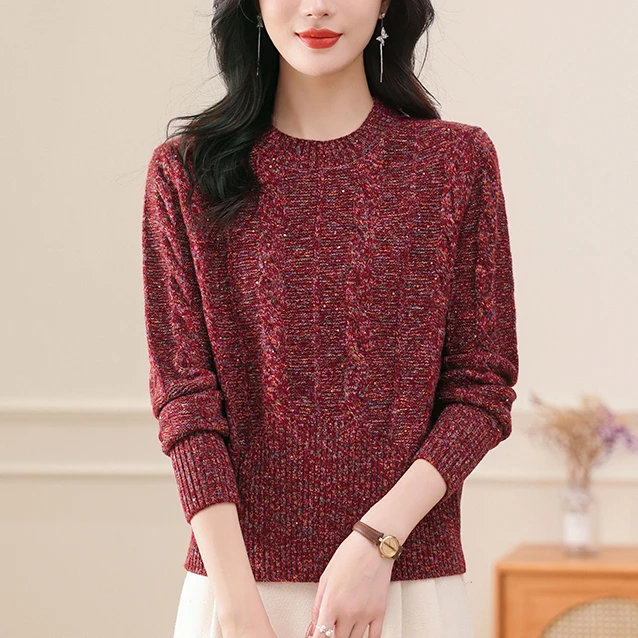 秋冬加厚圆领毛衣女士时尚花纱毛衣显瘦套头洋气宽松长袖针织衫