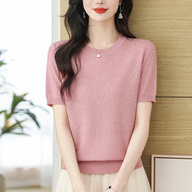 【100天丝】夏季圆领T恤衫舒适凉爽夏季百搭女士气质纯色半袖上衣