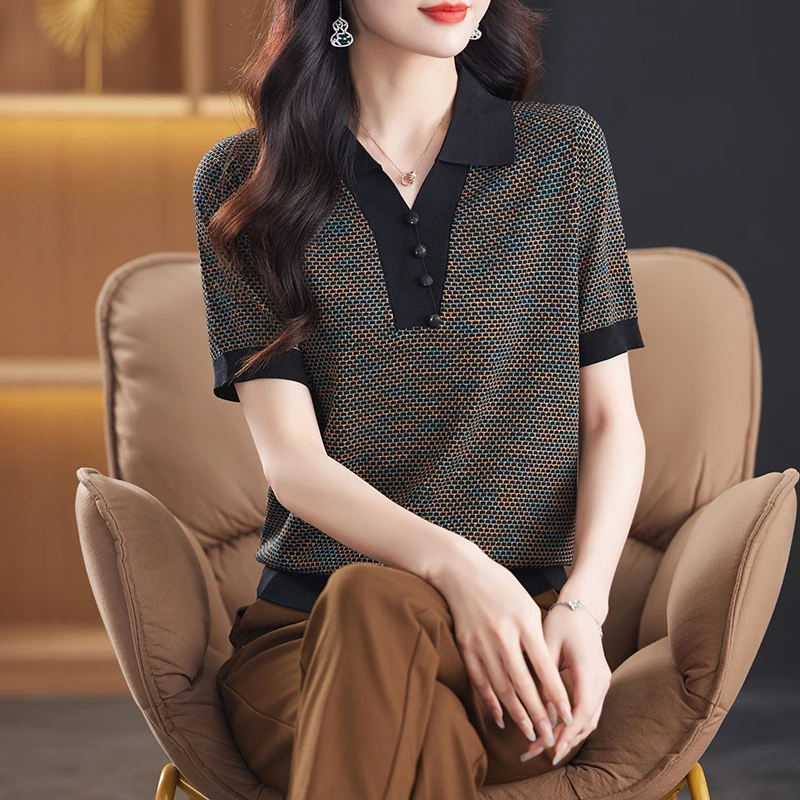 【100天丝】翻领女士薄款短袖百搭显瘦减龄洋气宽松休闲针织上衣