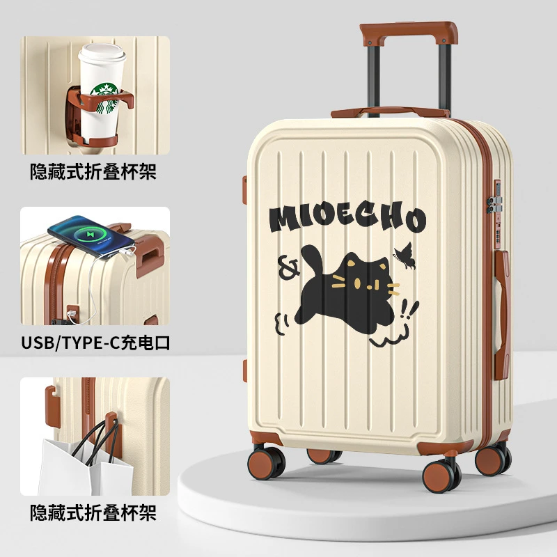 20寸行李箱拉杆登机箱卡通小猫密码箱静音万向轮旅行子母箱隐藏式