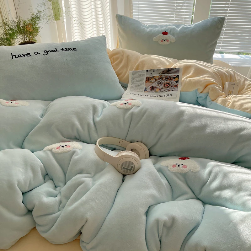纺臣【海盐布丁】清新可爱加厚牛奶绒双面绒床单被套四件套床上用品