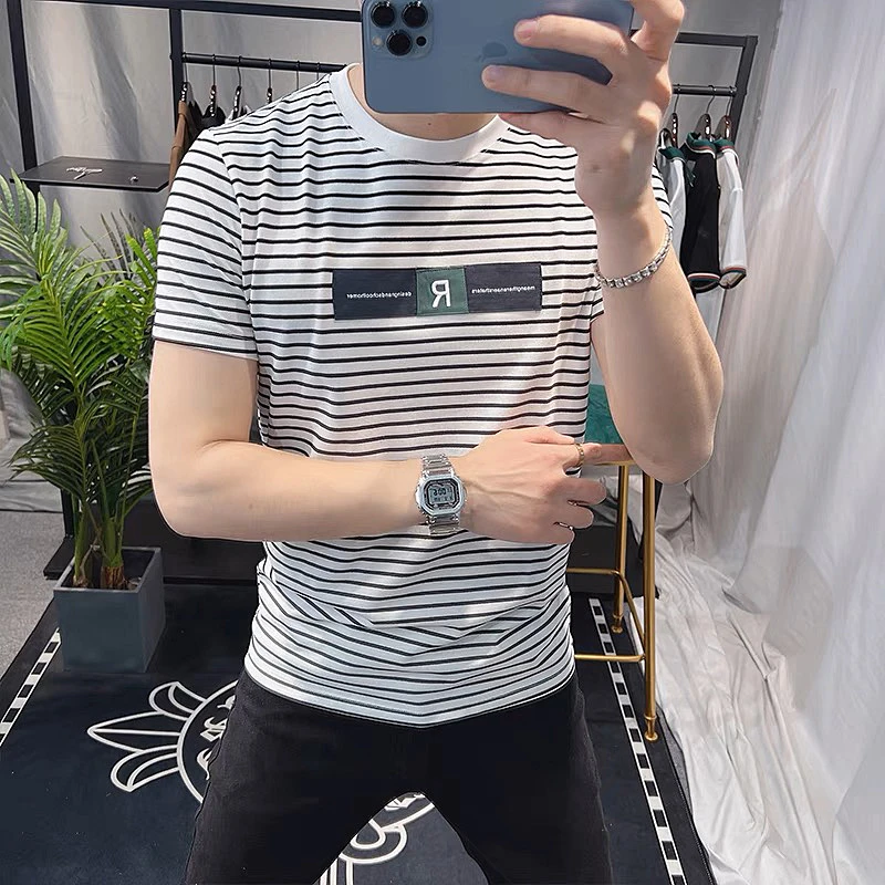 条纹t恤男短袖韩版夏季男士个性潮流半袖体恤修身高品质上衣时尚