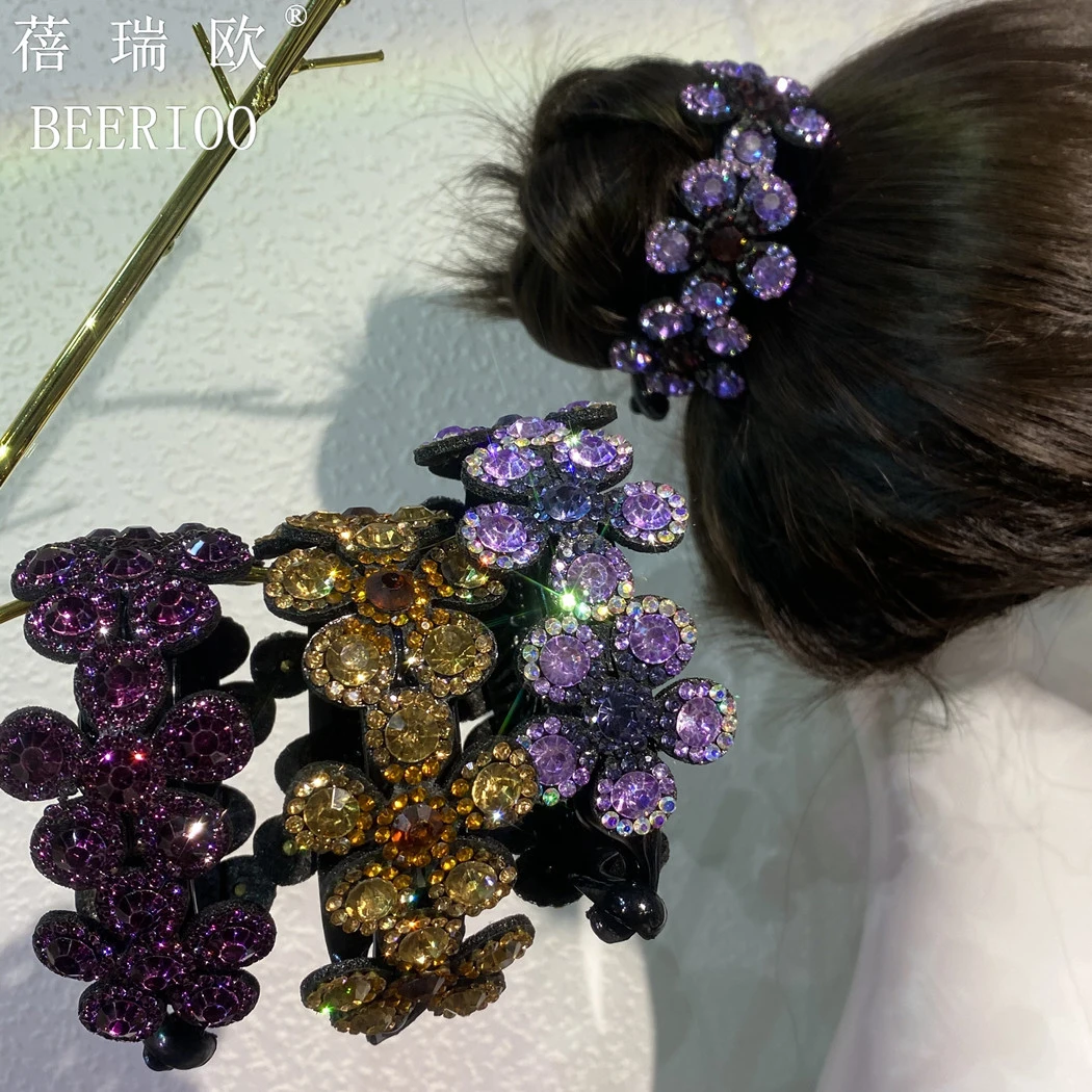 韩版新款气质优雅满钻大花朵丸子头发扣百搭成人安可拉红色发饰