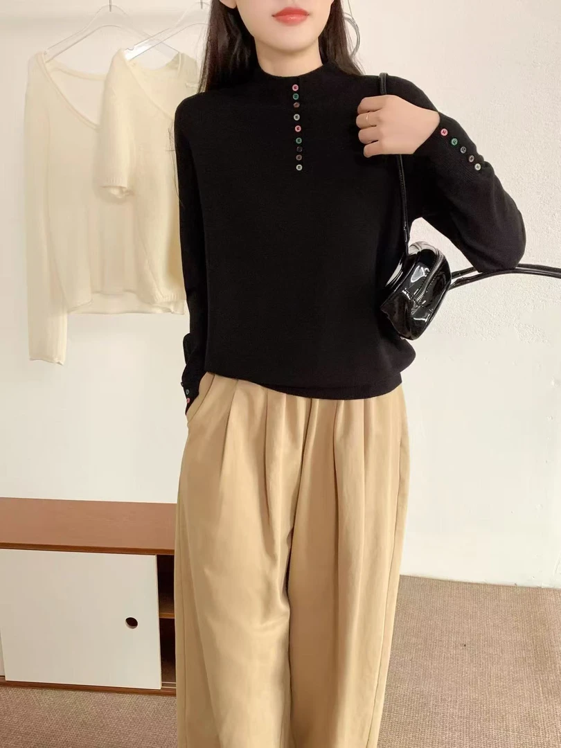 秋冬季圆领气质百搭时尚显瘦套头长袖多色毛衣打底针织衫-63132